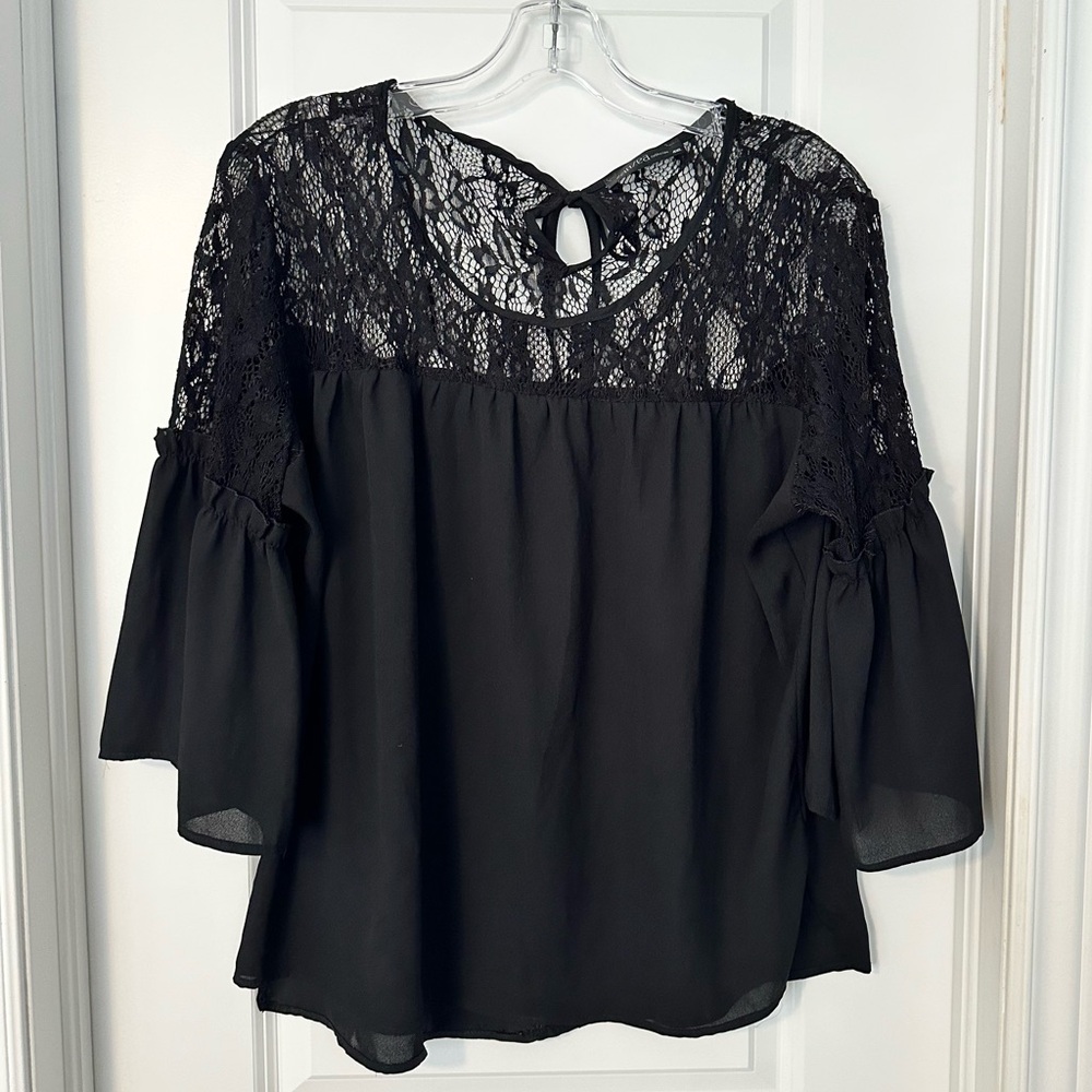 Women’s plus size whimsy goth, black lace, sheer, bell sleeve blouse
